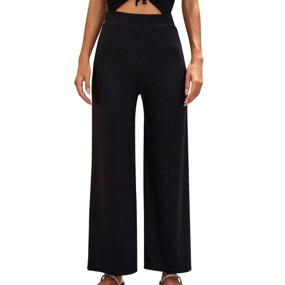 Ribbed Pants for Women Wide Leg High Waisted Casual Loose Stretch Trousers
